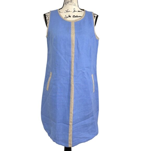 i Linen Dresses & Skirts - iLinen Sleeveless Linen Shift Dress Blue With Beige Trim & Pockets Size M